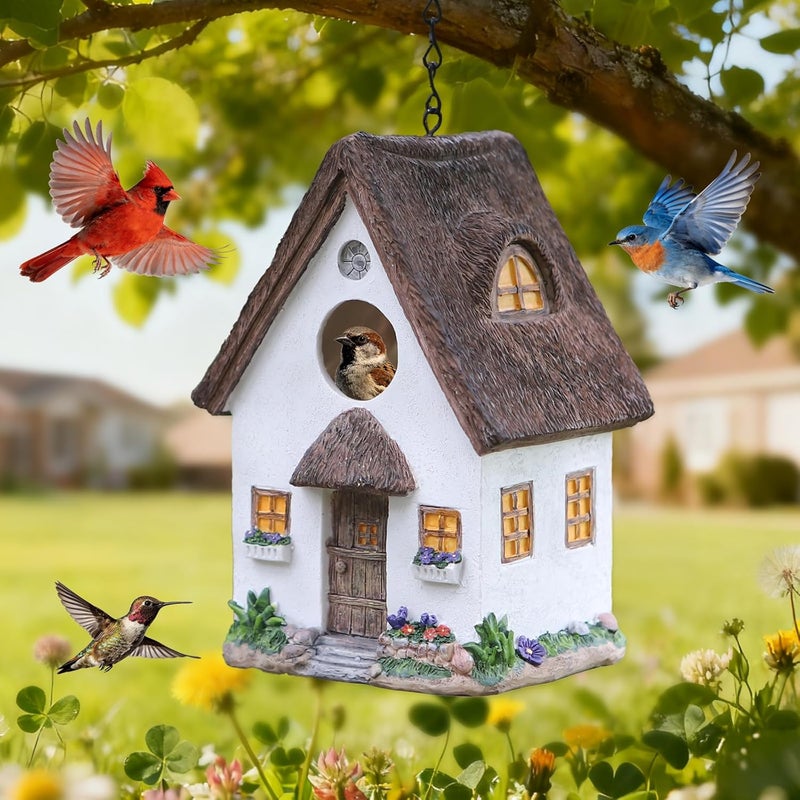 MINWOLF Bird Houses for Outside Rustic Cottage Birdhouse with Thatch Roof – Hand-Painted Resin Birdhouses for Outdoors for Bluebird Finches Cardinals Bird Nesting Garden, Patio, Yard - Image 1